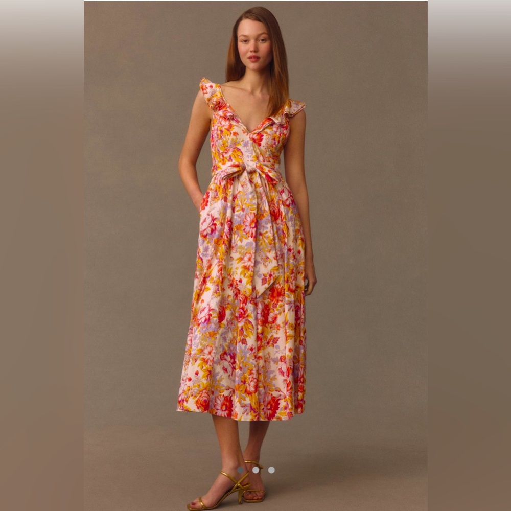BHLDN NWT Sadie V Neck Fit & Flare Linen Midi Dress